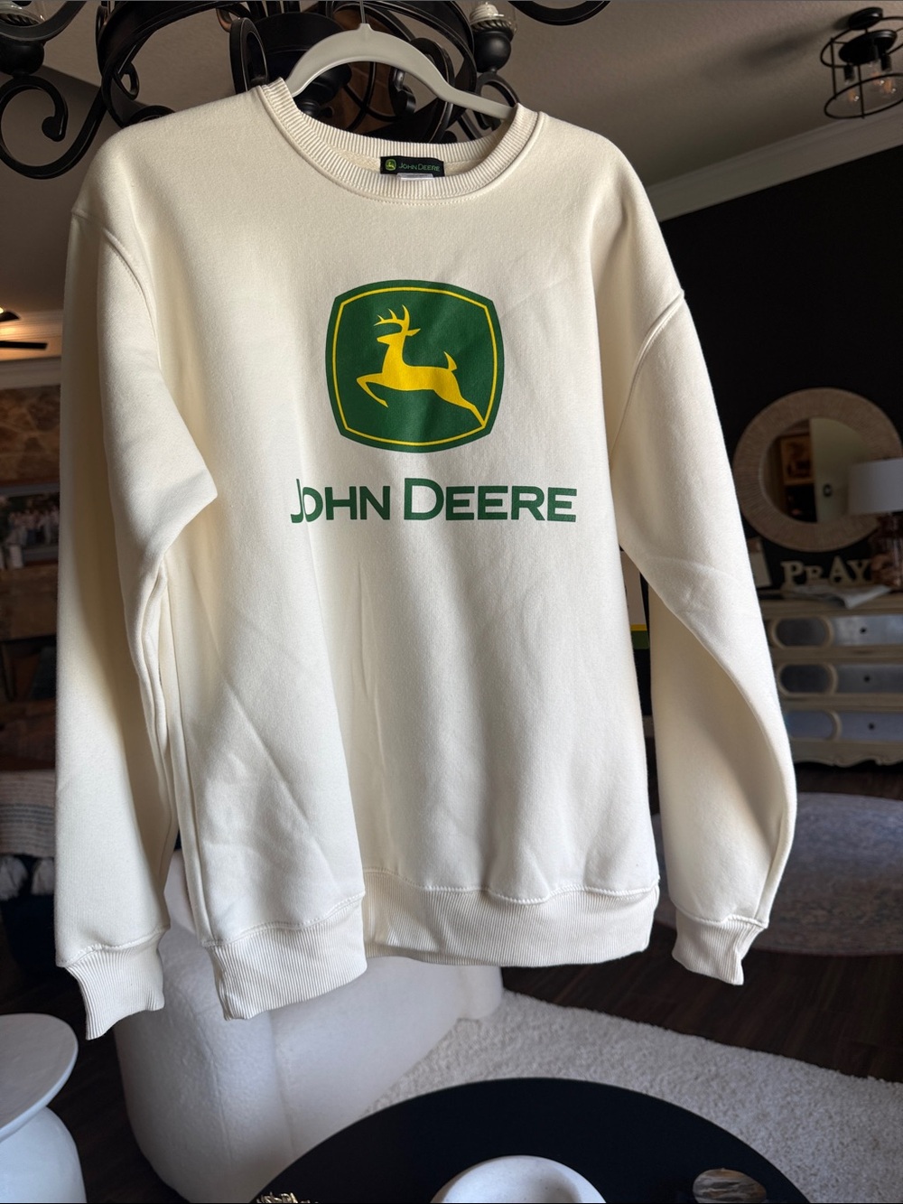 John Deere White Crewneck Sweatshirt with Green & Yellow Logo